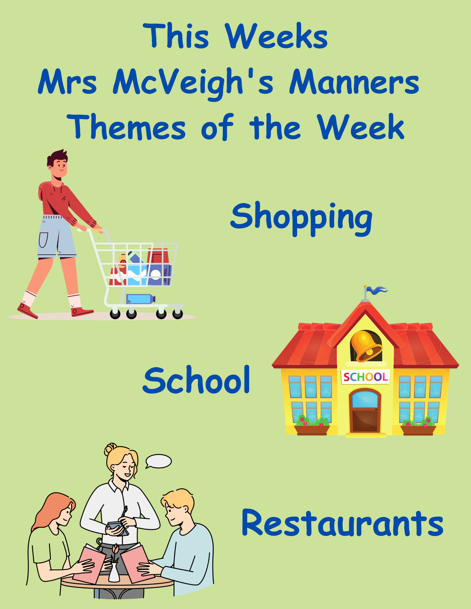 Shopping, School, and Restaurants Manners – Themes of the Week